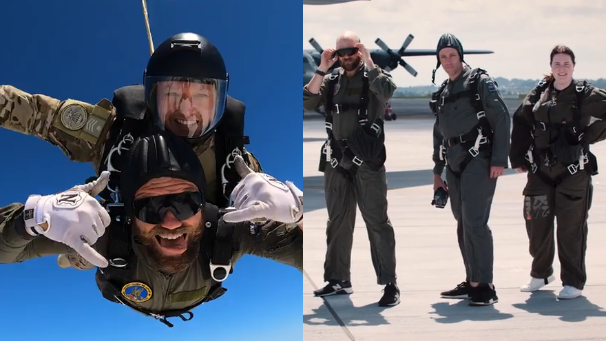 Fletch, Vaughan and Producer Anna Tandem Skydive with the NZ Air Force