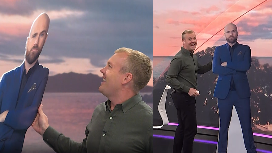 TVNZ's Matty McLean gets pranked with a cardboard cutout of Vaughan
