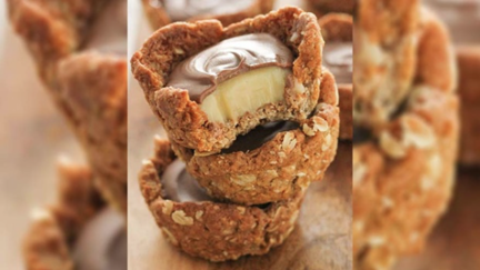Mini Anzac biscuit caramel tarts with chocolate drizzle